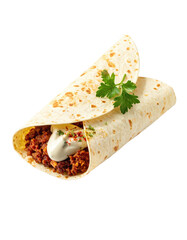 A whole wheat burrito, filled, topped with sauce, and garnished