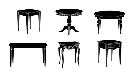 Set of Six Black Silhouette Tables of Various Styles on White Background furniture interior