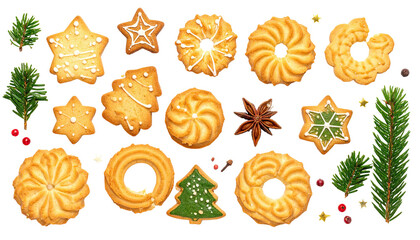 Festive Christmas cookies, various shapes and designs,  decorated with icing and spices