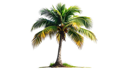 Lush tropical palm tree against a black background. Vibrant green fronds extend outward from a tall, light-brown trunk.  A small patch of green-brown base suggests ground