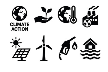 Fototapeta premium Climate and Environment Icon Set. Vector black eco symbols of renewable energy, global warming, solar, wind, and sustainability illustrations