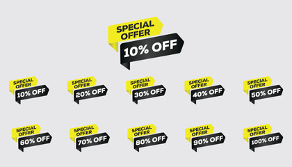 "3D colorful speech bubble stickers, 10% off special offer discount tags, modern flat promotional design, yellow and black abstract background"
