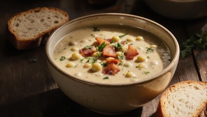 Creamy Corn Chowder with Bacon and Chives Served with Slices of Bread.