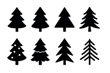 Obraz premium Christmas tree icon set. Vector black symbols of holiday, pine, and celebration glyph illustrations