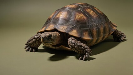 Obraz premium A detailed close-up of a terrestrial tortoise with a textured shell and scaly legs on a plain background.