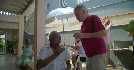 Two elderly friends toasting glasses of beer at a backyard barbecue, sharing laughter and...