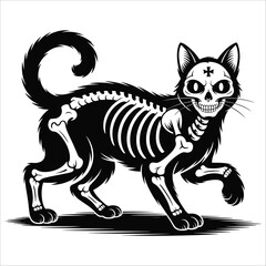 Fototapeta premium Spooky skeleton cat halloween graphic featuring skull face and rib cage design