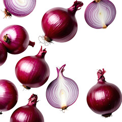 Fresh red onions, whole and sliced, scattered on black background