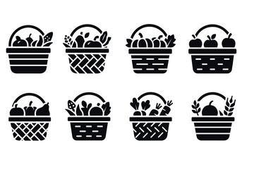 Fototapeta premium Fruit basket icon set. Vector black symbols of harvest, healthy food, and farm glyph illustrations