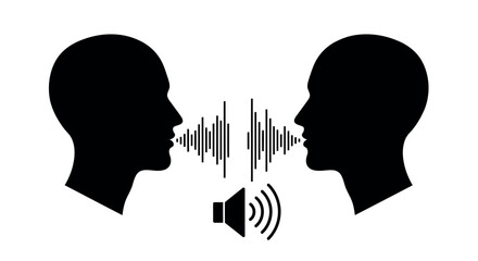 Two Silhouetted Heads Communicating with Sound Waves and Speaker Icon Keywords: communication, conversation, talking, speaking, listening, sound, audio, voice, sound waves, speech, dialogue