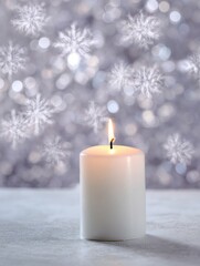 Serene winter scene with burning candle and snow background for holiday decor