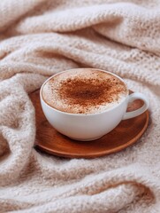 Cozy cocoa in ceramic cup on white wool blanket for winter comfort