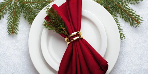 Elegant holiday table setting with white plates and folded red napkin for festive celebrations