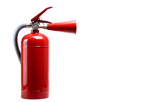 Red fire extinguisher with smoke isolated on a transparent background