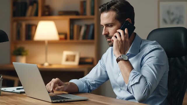 A man in a blue shirt talks on a smartphone while the man works on his laptop. The man gestures with his hand as the smartphone call continues alongside the laptop work.