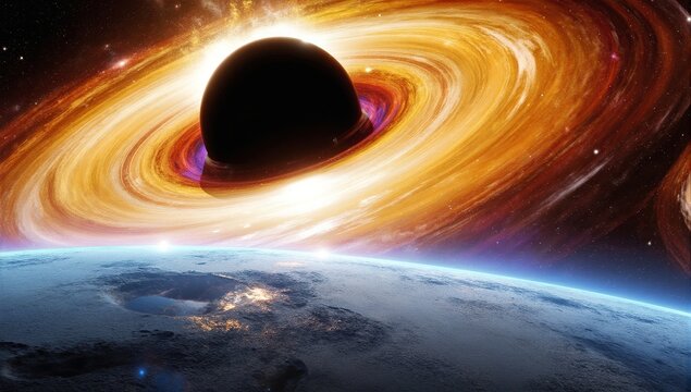 Cosmic black hole accretion disk with earth visible in the distance