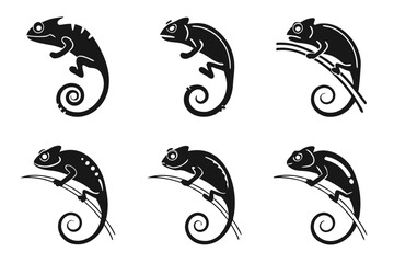 Eight minimalist chameleon icons in black and color