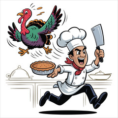 Furious chef chases runaway turkey with pie and cleaver in kitchen scene