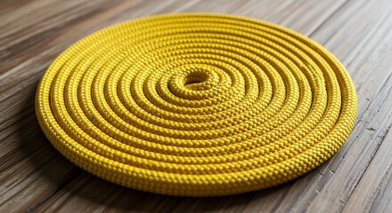 Close-up view of a coiled yellow rope on a wooden surface, presenting a spiral pattern