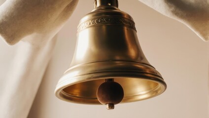 Close up of a brass school bell with clapper hanging.