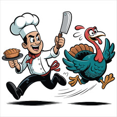 Chef chases turkey holding pie with cleaver thanksgiving dinner holiday celebration