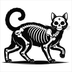 Spooky black cat skeleton walking full body silhouette halloween gothic art