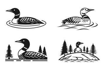 Eight minimalist loon icons in black yellow cyan and magenta