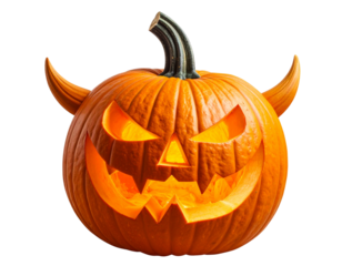Front View of Spooky Devil Pumpkin with Carved Grin, isolated on transparent background.