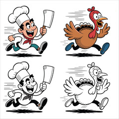 Chef and turkey running cartoon characters for thanksgiving and culinary themes