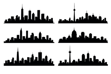 Fototapeta premium Cityscape and skyline silhouette icon set. Vector black shapes of urban buildings and architecture
