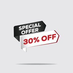 "3D black price tag with special offer 30% off text, realistic shadows, high contrast minimalist design, product showcase render with cinematic lighting"