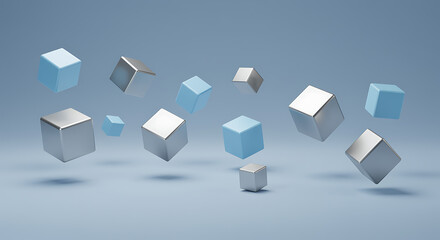 Floating blue and silver cubes on a blue background