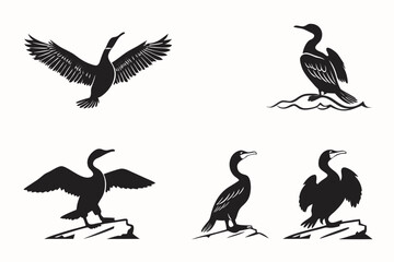 Minimalist cormorant drying wings icon set