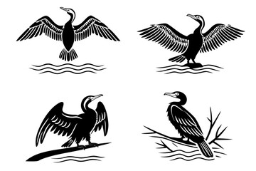 Minimalist cormorant drying wings icon set