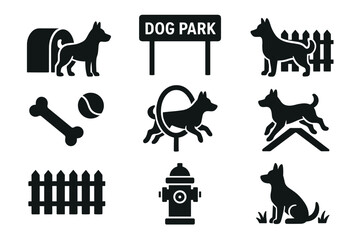 Dog park and play area icon set. Vector black symbols of pet activities and training