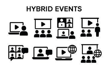Hybrid Events Icon Set. Vector black symbols of online conference, video call, live stream, and virtual meeting illustrations