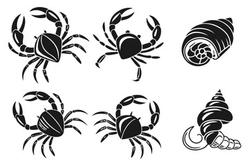 Minimalist crab holding seashell icon set