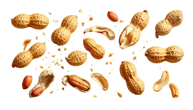 Scattered peanuts in pods and shells, with fragments of the shells, against a black background