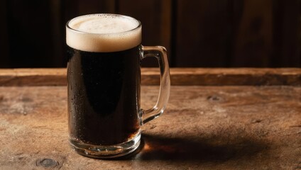 Dark Beer Mug on Rustic Wooden Table.