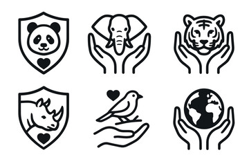 Obraz premium Wildlife protection icon set. Vector black symbols of animal care glyph illustrations