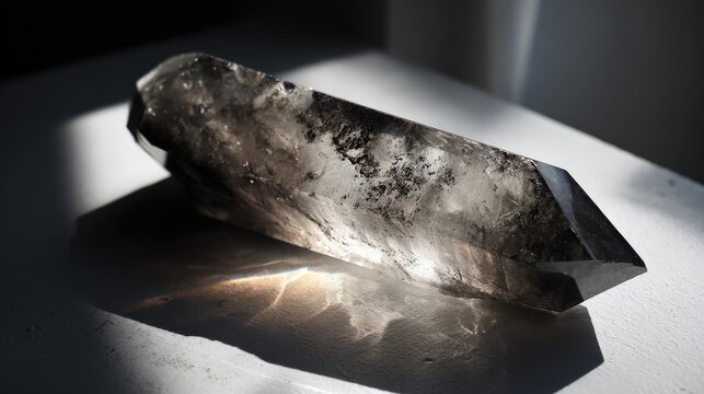 Natural crystal with intricate patterns highlighted by soft lighting