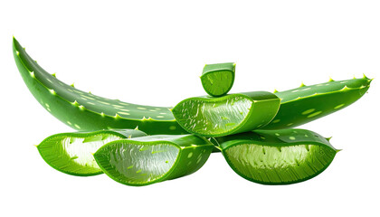 Close-up of aloe vera leaves, vibrant green, sliced and whole