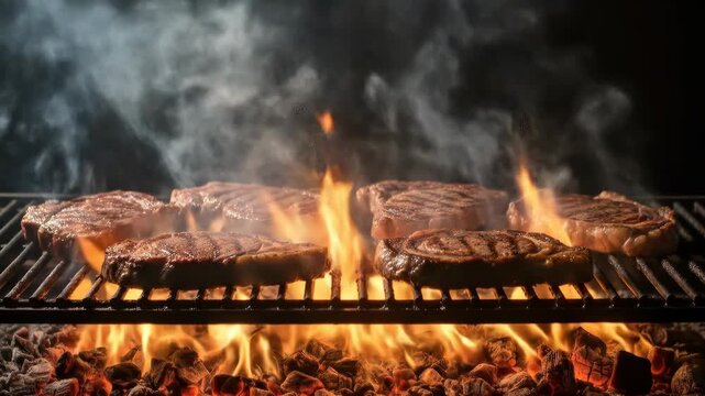 Sizzling Steaks on a Fiery Grill: A Culinary Masterpiece