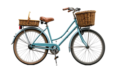 Teal bicycle with wicker baskets