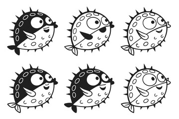 Fototapeta premium Cute minimalist pufferfish icon set for design projects