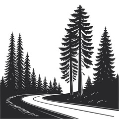 Curved Road Through Pine Forest - Black and White Illustration