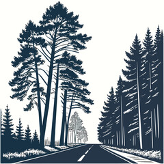 Curved Road Through Pine Forest - Black and White Illustration