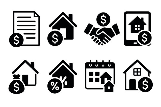 Real estate icon set. Vector black symbols of property and mortgage glyph illustrations