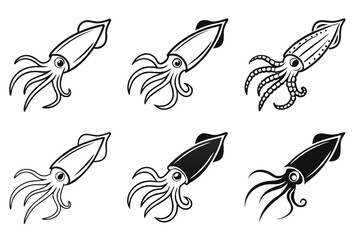 Minimalist cuttlefish and underwater icons set