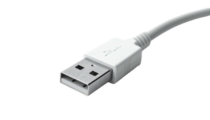 Close-up of a white USB cable connector.  A section of a white USB cable, ending in a standard USB plug, is shown against a plain black background.  The plug's metal contacts are visible